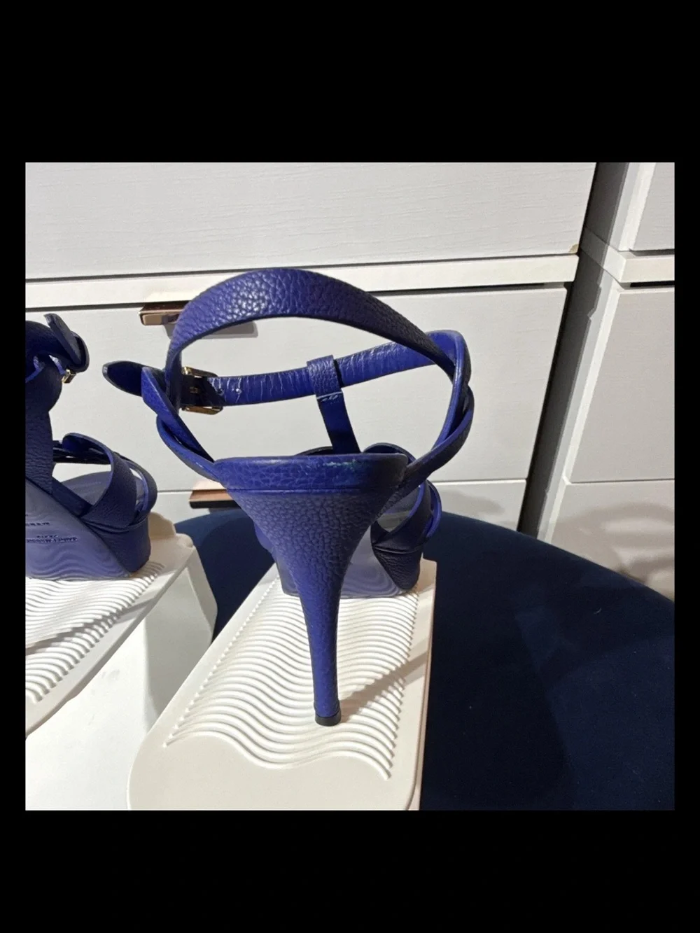 Yves Saint Laurent Tribute Cobalt Blue Leather Platform Sandals with White Sole